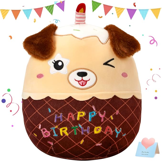 14" Birthday Cake Dog Plush Puppy Stuffed Animals Original Wink Dog Plushie Cuddle Pillows Happy Birthday Gift for Kids Boys Girls