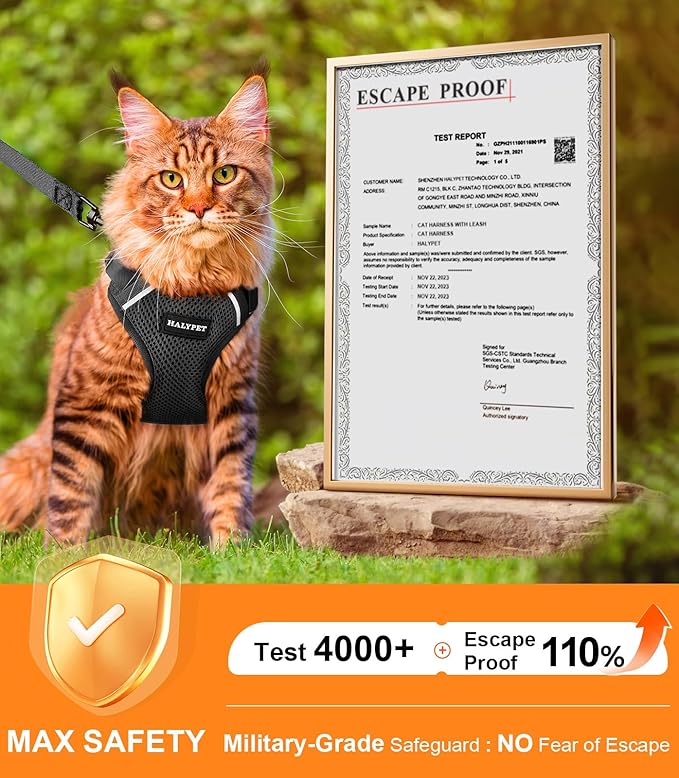 Halypet Cat Harness and Leash Set [ MAX Safety Third Generation ] Escape Proof Soft Adjustable Cat Leash Breathable Comfortable Vest Easy to Wear Kitten Harness for Outdoor Walking Black