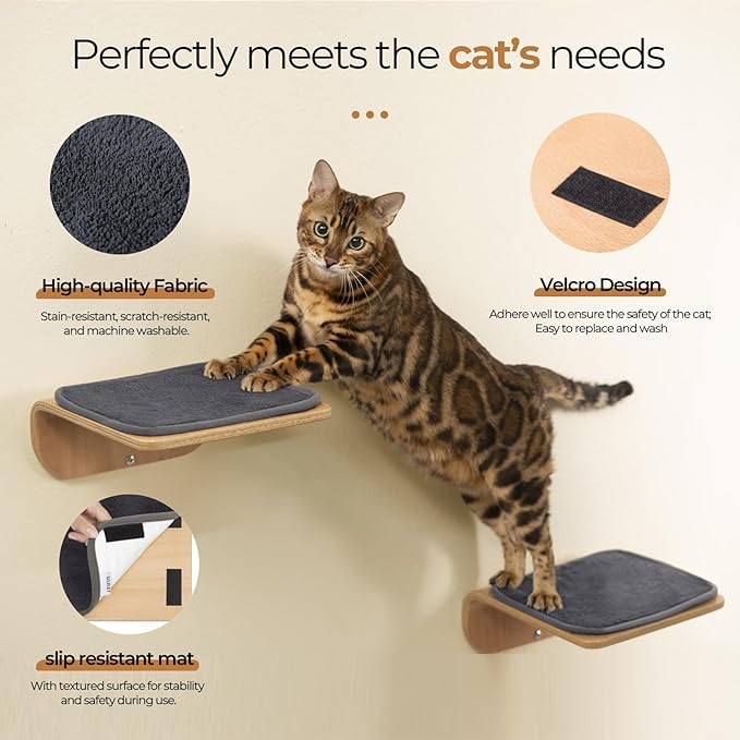 Cat Shelves, Cat Wall Steps and Perch, Cat nest, Wooden Floating Cat Climbing Furniture for Hopping and Sleeping, with Scratching Cushion（Steps）