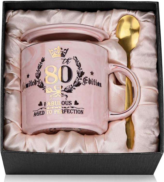 80th Birthday Gifts for Women, 14oz Pink Coffee Mug with Gold Pattern, Best Gifts for 80 Year Old Grandma, Mom, Sister, Friend, Fabulous 80 Limited Edition, 1943 Birthday Gifts for Women.