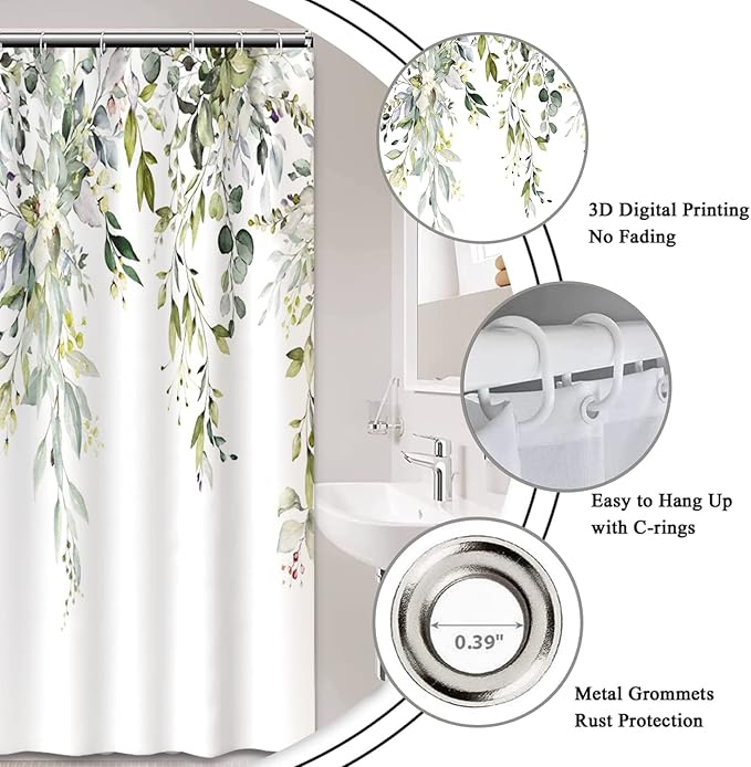 AWERT Small Stall Shower Curtain with Hooks Watercolor Plants Green Leaves 48x72 inch Half Size Shower Curtain for Bathroom/RV and Camper