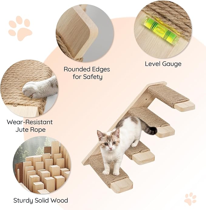 HOOBRO 4-Tier Wooden Cat Climbing Wall Shelves, Wall-Mounted Cat Wall Shelves Furniture, Cat Wall Step with Jute Scratching Rope, Solid Oak, 40-lb Load Capacity, Easy to Assemble, Natural NL12CS03N1