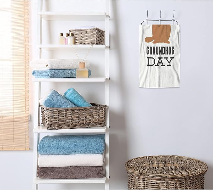 AOYEGO Brown Groundhog Hand Towel Cute Animal with Black Hat Word Happy Groundhog Day Towels Cotton Face Towel Bath Kitchen Decor Set for Women Men Girls Boys 15x30 Inch