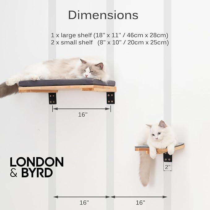 LONDON & BYRD | Wooden Cat Wall Shelves | for 16" Drywall Studs | One Large cat Shelf with Washable Bed, and Two Smaller cat perches. Solid Wood with Metal Wall Brackets.