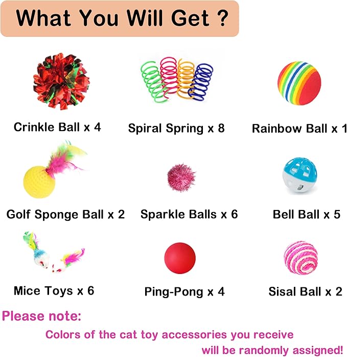 38 Pcs Cat Toy Kitten Toys Assortments, Interactive Cat Toy Balls with Bells, Including Furry Cat Toy Mice, Crinkle Ball, Sisal Ball and Ping-Pong for Cat Puppy Kitten