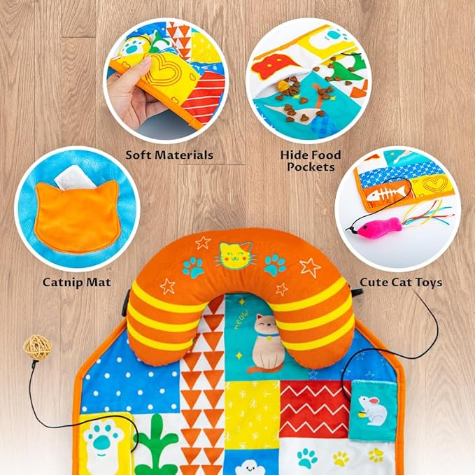 2-in-1 Cat Mat with Cat Pillow for Small Medium Large Cats,Cute Cat Catnip Toys,Soft Plush Crinkle Mat for Kitten Sleeping Snuffing Playing,Machine Washable Cat Play Mat Pet Cushion Pad Mat Cat Gifts