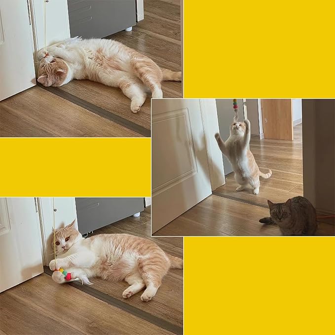 AYWVRBST 6Pcs Retractable Cat Toy with Bell, Hanging Interactive Cat Toy 6 Different Pieces, Cat Chase Practice, Indoor Cat Self-Play Toy, Cat Teaser Toy with Adhesive Hooks