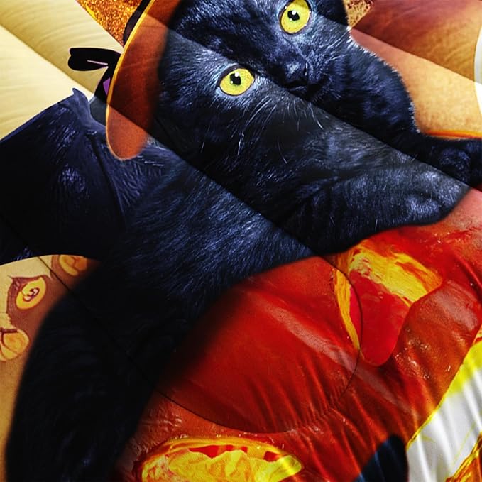 AILONEN Cat Halloween Comforter Set Twin Size,Scary Pumpkin Lantern Black Cat Bedding Set for Boys Girls Room Decor,Retro Gothic Duvet Set 3 Pieces, 1 Quilt and 2 Pillowcases
