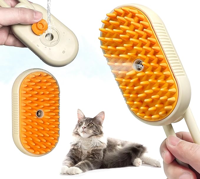 3 in1 Steamy Pet Hair Brush, Yellow, Massage Grooming Brush With Water Spray for Removing Static Flying Hair, Dog & Cat Comb for Shedding