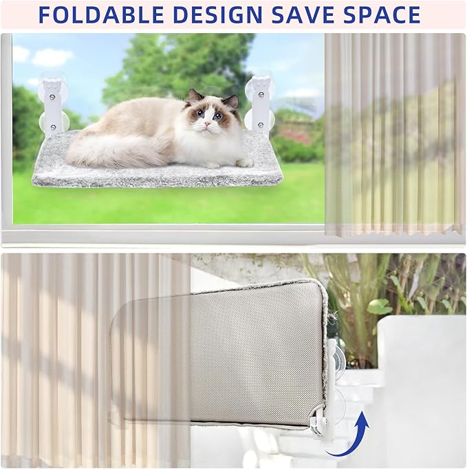 pettycare Cat Window Perch, Cordless Cat Window Hammock Bed with 4 Strong Suction Cups, Foldable Cat Window Seat for Inside Hold Up to 40lbs, Solid Metal Frame and Soft Reversible Two Fabrics Cover