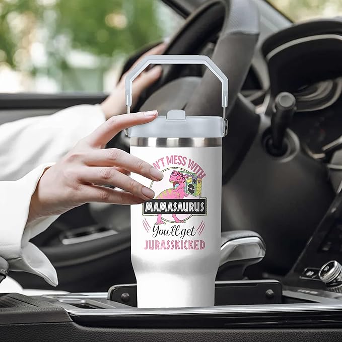 30 Oz Momasaurus Tumbler with Handle and Straw, Best Mom Cup Gifts for Mom Insulated Jurasskicked Mom Cup, Double Wall Stainless Steel Momasaurus Cup, 30 Oz Leak Proof Mama Saurus Cup for Mom Gifts