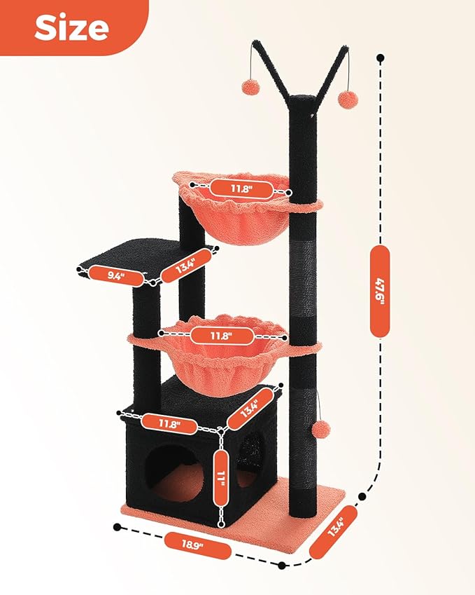 Gothic Cat Tree with Coffin Condo, 47.6" Spooky Cat Tower, 2 Metal Frame Hammocks, Cat Scratching Post with 2 Removable Pompom Sticks for Small Indoor Cats, Black Halloween