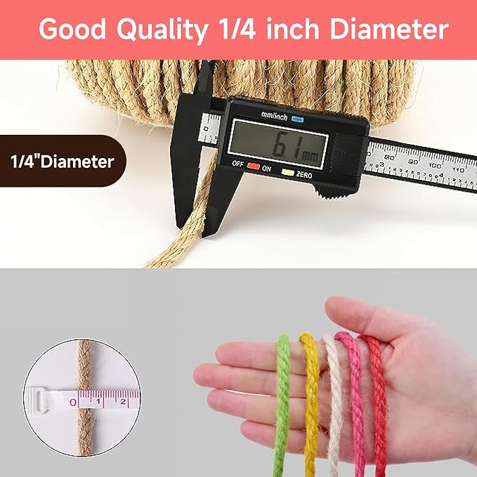 Multicolor Natural Hemp Rope, Cat Scratching Posts Replacement Rope,Repair and Replace Scratching Post cat Tree, 1/4" Rope DIY Cat Jute Twine,Come with a Play Ball.(65FT, Red)