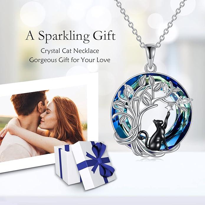 925Sterling Silver Moon Black Cat Necklace for Women Tree of Life Cat Jewelry for Women Abalone Necklace for Cat Lover Birthday