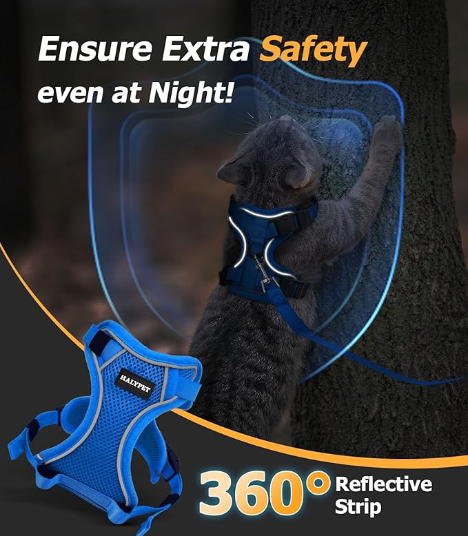 Halypet Cat Harness and Leash Set [MAX Safety 4th-Gen Upgrade] Escape Proof Adjustable Cat Leash Comfortable Soft Vest Easy to Wear Kitten Harness with Reflective Strip for Cats Walking, S Blue