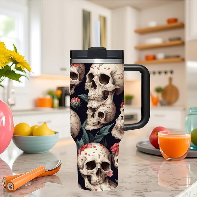 AMZUShome 40 OZ Goth Black Skull Tumbler with Handle.Skull Lover Goth Gifts.Unique Birthday Christmas Halloween Gifts.Personalized 40 OZ Goth Black Skull with Flower Tumbler Gifts for Women Men.