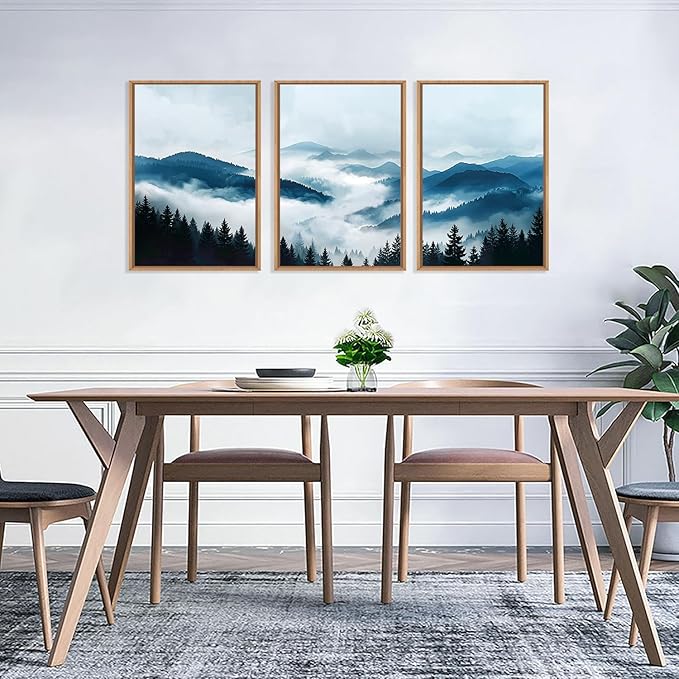 Ausril Blue Boho Mountain Framed Canvas Wall Art Set, Watercolor Misty Forest Wall Decor, Foggy Pine Tree Wall Painting, Nature Mountain Landscape Art Print for Living Room, Bedroom, Office 16"x24"x3