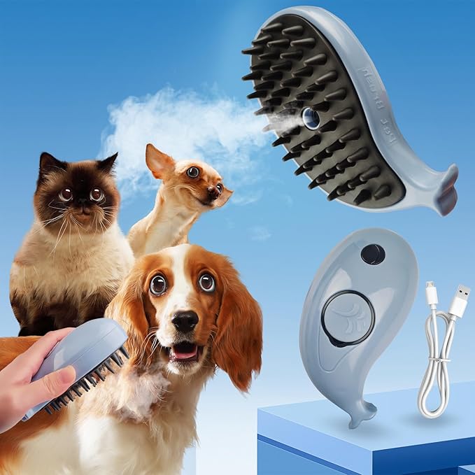 3in1 Cat Steam Brush,Multifunctional Rechargeable Cute Steamy Pet Brush for Short Or Long Hair Cats/Dogs To Massage/Clean/Eliminate Flying&Tangled Hair With USB Cable-Blue Whale