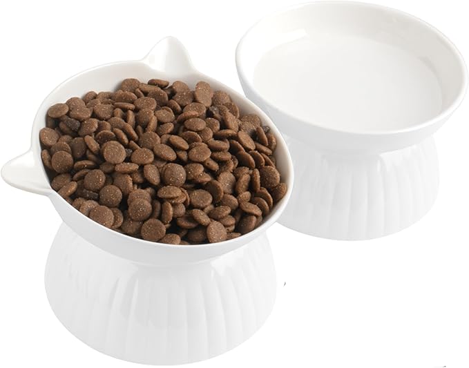 2 Ceramic Raised Cat Food Bowls, Elevated Cat Food and Water Bowl Set, Pet Bowl for Indoor Cats and Small Dogs, Anti-Vomiting Cat Dog Feeder with Plastic Base, Dishwasher Safe (Pure White)