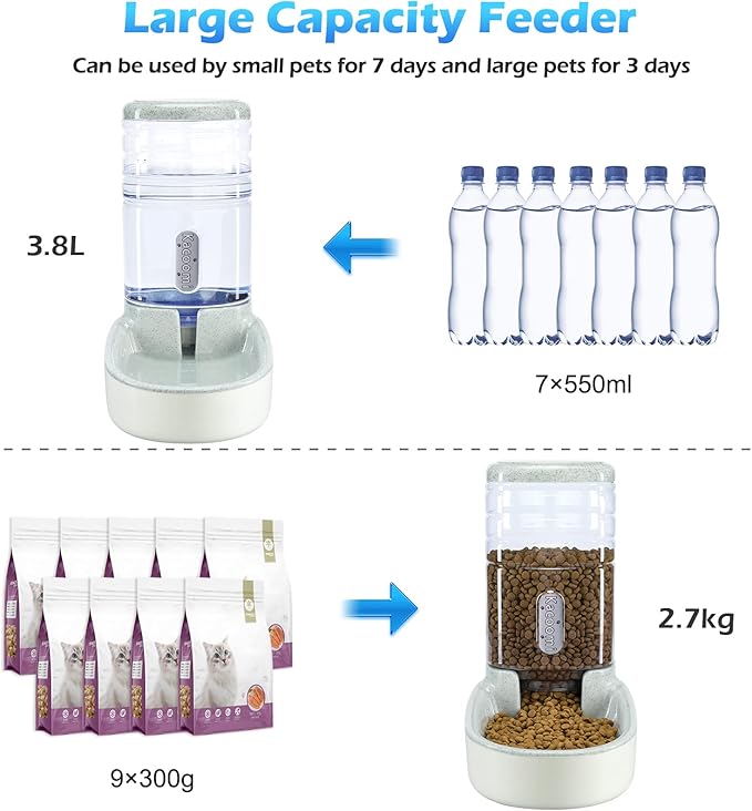 Automatic Dog Cat Feeder and Water Dispenser Gravity Food Feeder and Waterer Set with Pet Food Bowl for Small Medium Dog Puppy Kitten, Large Capacity 1 Gallon x 2(Grey)