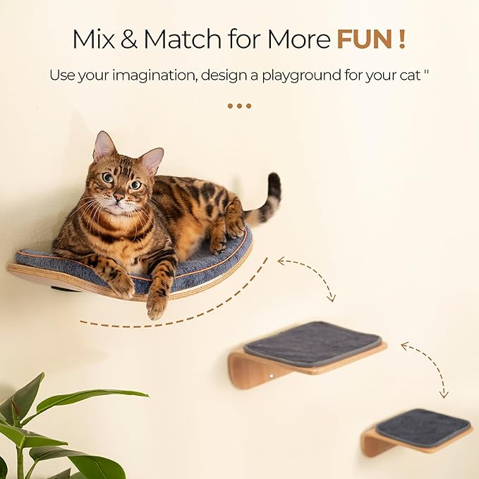 Cat Shelves, Cat Wall Steps and Perch, Cat nest, Wooden Floating Cat Climbing Furniture for Hopping and Sleeping, with Scratching Cushion（Steps）