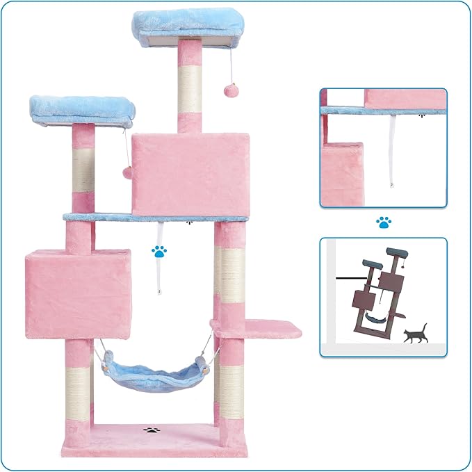 Hey-brother Large Multi-Level Cat Tree Condo Furniture with Sisal-Covered Scratching Posts, 2 Bigger Plush Condos, Perch Hammock for Kittens, Cats and Pets, Blue and Pink MPJ020BP