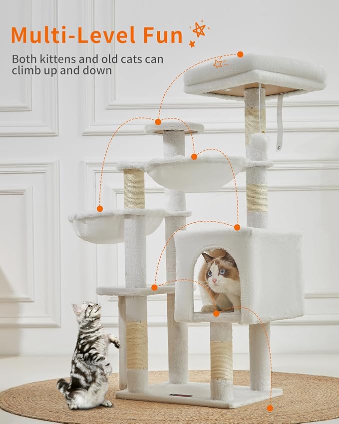 Taoqimiao Cat Tree, 39.4-Inch Cat Tower for Indoor Cats,Suitable for Kittens,Plush Cat Condo with 5 Scratching Posts, Plush Perch,2 Hammock,Pompoms, MS019C Cream White
