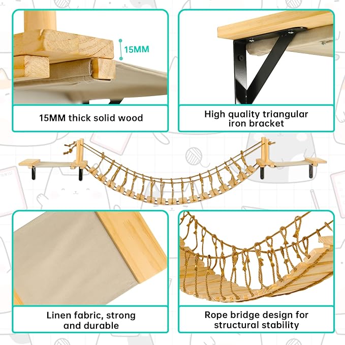 Calmbee Cat Wall Shelves, Cat Wall Furniture 70" Cat Bridge Wall Mount Cat Perch Wooden Hammock Cat Tree Cat Climber Cat Cloud Shelf Board Cats Bed