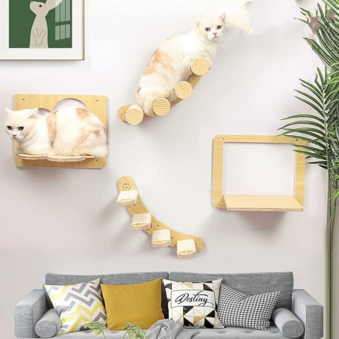 Cat Scratching Staircase, Wooden Climbing Post for Cats, Stairway Design Cat Climbing Shelf Wall Mounted, Four Step Cat Stairway with Jute Scratching for Cats Perch Platform (Round-Ladder)