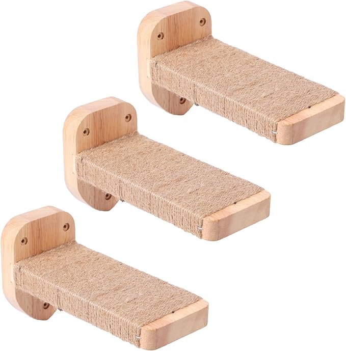 3pcs Cat Wall Steps, Cat Climbing Wall Mounted Cat Furniture, Cat Wall Shelves Cat Steps for Wall with Hemp Rope Covered, Solid Wood Cat Ladder for Cats Playing and Climbing (Standard-Wood)