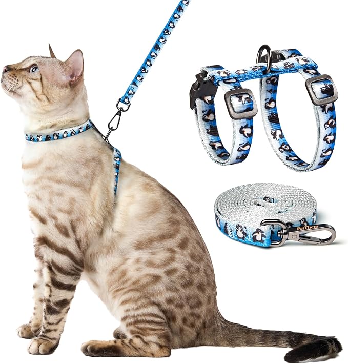Cat Harness and Leash Set - Escape Proof Vest Harness for Cat, Comfortable Soft Lightweight, Easy Adjustable Cat Collar Harness for Small Medium Large Cats (Glacier Penguin)