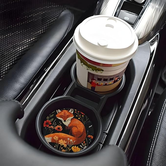 Absorbent Ceramic Car Coasters for Cup Holders, Fox Flower Design 2.56" Anti Slip Universal Drink Cup Coasters for Women Men (2 Pack)