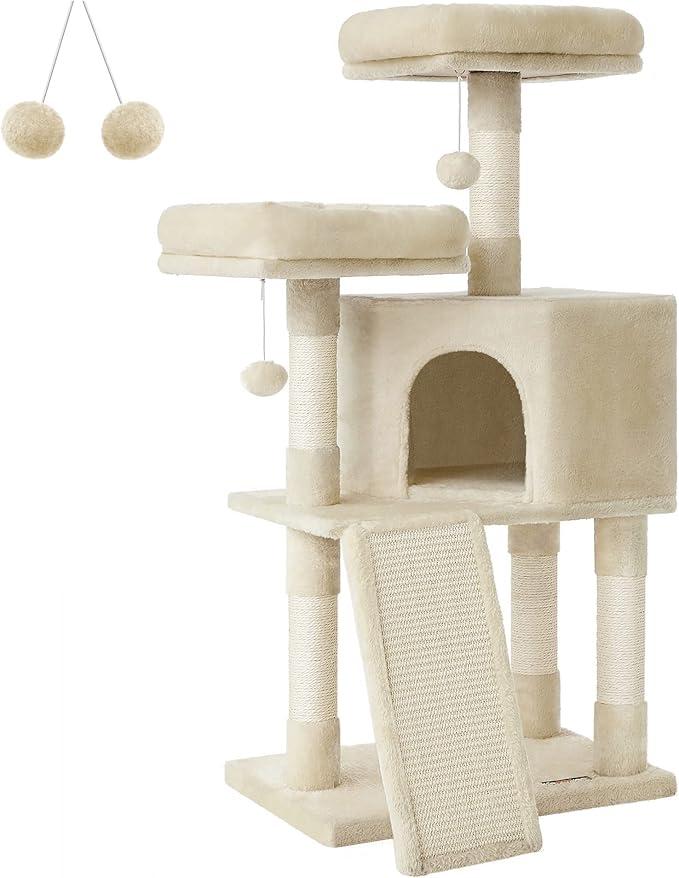 Feandrea Cat Tower, Cat Tree for Indoor Cats, 45.3-Inch Cat Condo with Scratching Post, Ramp, Perch, Spacious Cat Cave, for Kittens, Elderly Cats, Adult Cats, Small Space, Beige UPCT141M01
