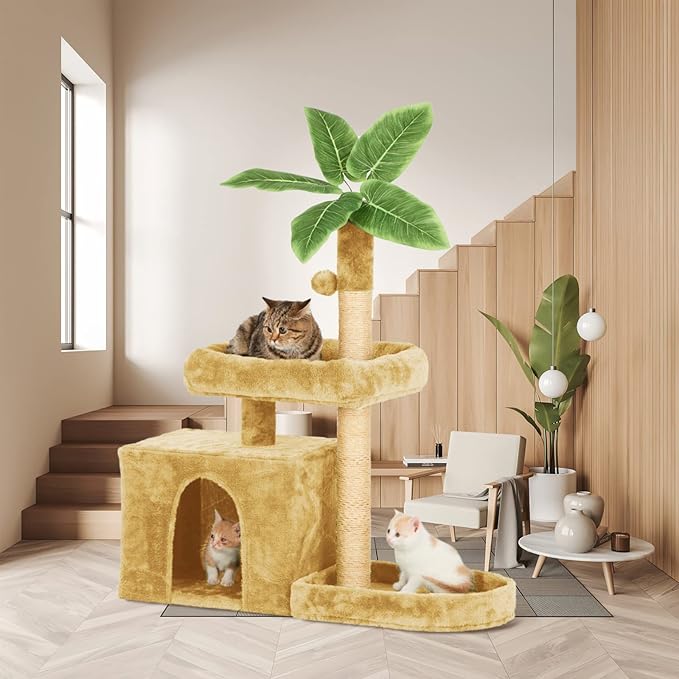 31.5" Cat Tree Cat Tower for Indoor Cats with Green Leaves, Cat Condo Cozy Plush Cat House with Hang Ball and Leaf Shape Design, Cat Furniture Pet House with Cat Scratching Posts, Beige