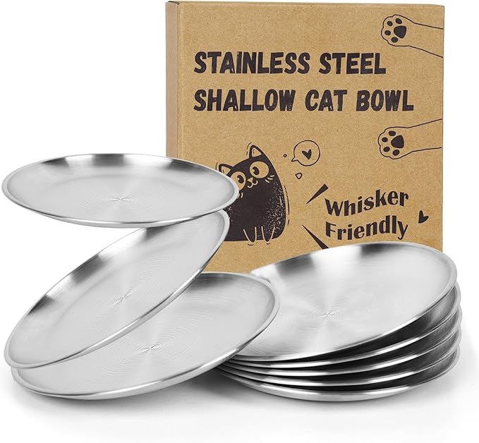 8PC Stainless Steel Cat Bowls Set - Whisker-Friendly Shallow Dishes for Indoor Cats, 6.7" Anti-Fatigue Food Bowl for Wet/Dry Food (13oz)