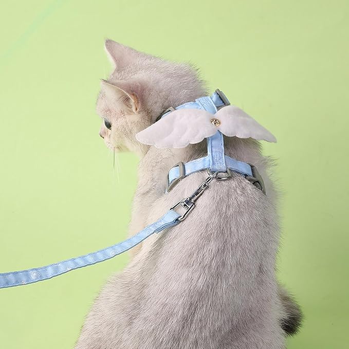 Cat Harness and Leash Set White Wing for Outdoor Travel Walking Escape Proof Soft Safe Adjustable Kitten Puppy Small Strap Angel Style, Blue