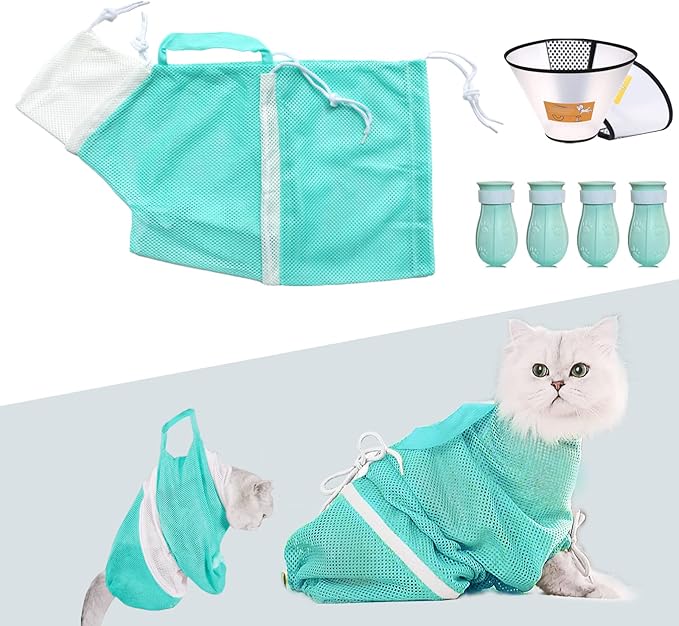 7 Pieces of Cat Bathing Supplies,Anti-Scratch Silicone Cat Shoes,Cat Claw Covers, Cat Shower Net Bag,Cat Bathing Bag,Cat Grooming Mesh Bag,Elizabethan Collar(No.3)