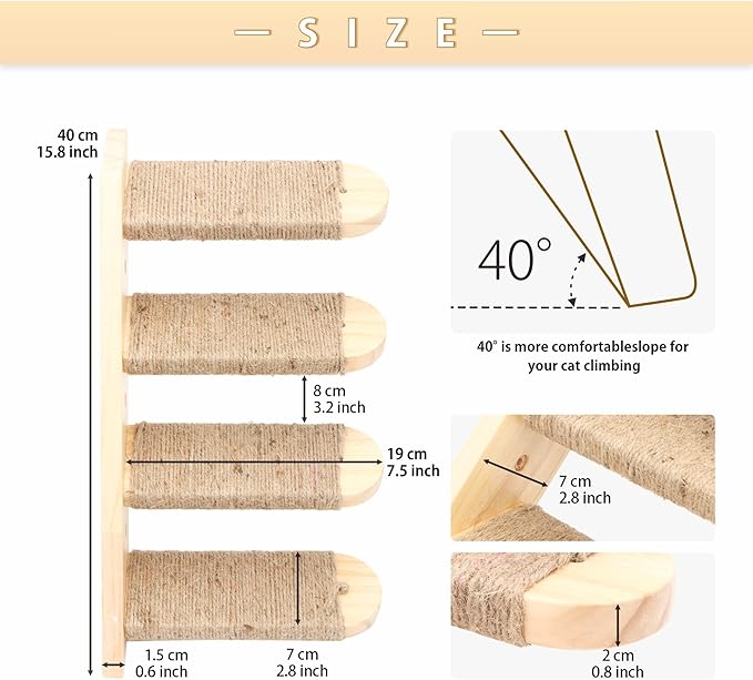 Cat Wall Steps,Cat Climbing Stair Shelf, Four Step Wood Cat Stairway with Jute Rope for Small Kitty Cats Perch Platform Supplies Cats Scratching Post