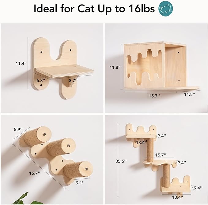 Mewoo Cat Wall Shelves, Wooden Cat Wall Furniture, Stable Cat Wall Steps, Cat House and Cat Perch for Wall Mounted, Cat Climbing Shelves Cat Ladder for Most Kittens & Adult Cats, Set of 4, Beige