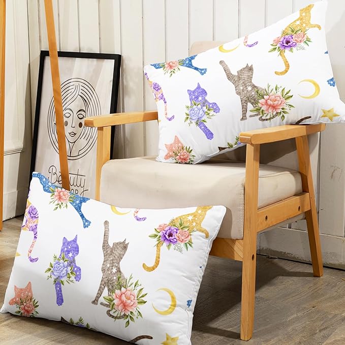 AILONEN Floral Cat Comforter Set Queen Size, 3-Piece Kids Soft Microfiber Kitted Bedding Set,Modern Shabby Chic Colorful Cat Comforter with 2 Pillowcases,Machine Washable