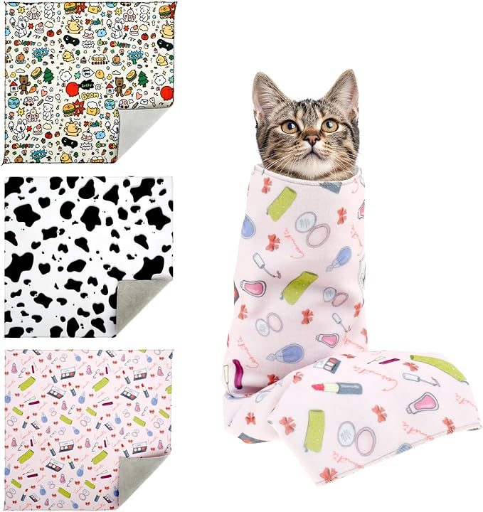 3PCS Cat Grooming Wrap, Self Adherent Cloth Cat Wrap for Cutting Nails, Cat Swaddle Wrap for Cleaning Ear Brushing Teeth, Multifunctional Cat Restraints Bag for Holding Cat to Non-Bite/Scratch/Runaway