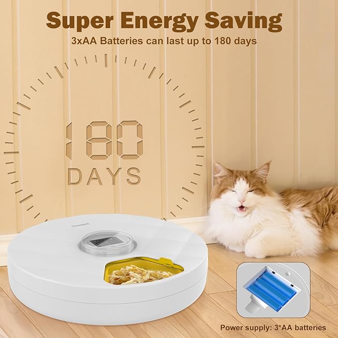 Automatic Cat Feeder Wet Food, 6 Meals Cordless Automatic Pet Feeder, Cat Food Dispenser with 4 Ice Packs, Dry & Wet Food Auto Feeder, Feeding Station for Cats and Dogs