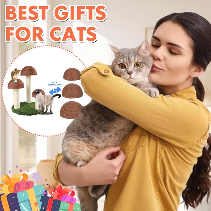 PowerKing Replacement Cat Scratching Post Caps, 3 Pieces Natural Sisal Mushroom Caps Cat Scratch Post Refill Parts for Refurbishment Decoration (Brown)