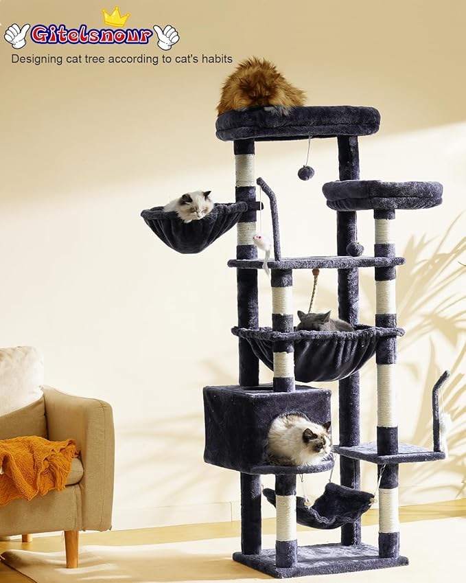 Cat Tree, Cat Tower for Large Cats with 2 Big Platforms, 2 Baskets, condo and Toys, 63" Cat Scratching Posts for Indoor Cats, Smoky Gray GCT020G