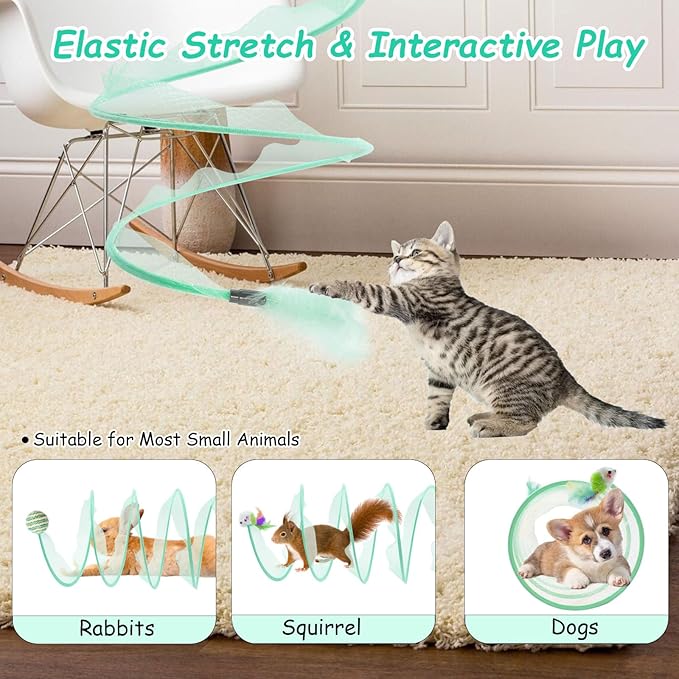 2 Packs Folded Cats Tunnel Spring Toy, Kitten for Indoor Cats Collapsible Cute Tunnel Foldable Pet Played Bed Interactive Toy with Feather Mouse Hemp Ball Green Elastic Tubes Attract Cat