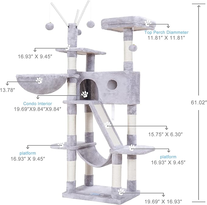 Hey-brother Cat Tree, 61 inch Cat Tower for Indoor Cats, Cat House with Padded Platform Bed, Toy Balls, Large Cozy Condo, Hammocks and Sisal Scratching Posts, Light Gray MPJ019W