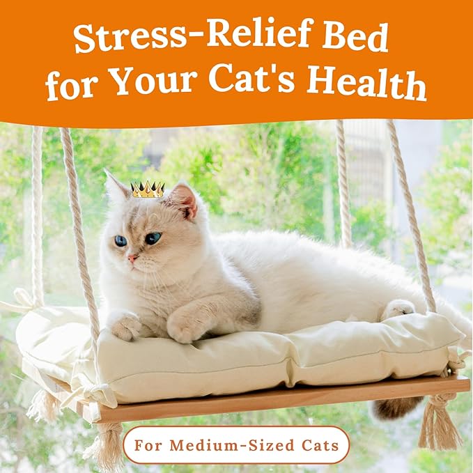 Cat Window Perch - Cat Hammock for Window - Solid Wood Seat & Strong Suction Cups - Cat Window Bed & Furniture for Cats Inside - Hanging Window Shelf for Small Medium Indoor Cats