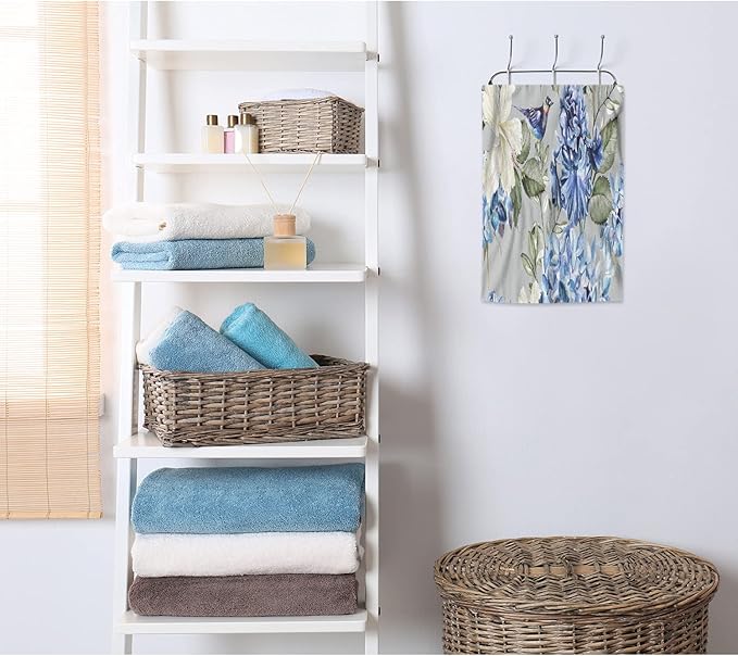 AOYEGO Blue Flower Hand Towels Green Leaf Spring Plant Flowers Hydrangea Hibiscus Iris Towel Highly Absorbent Soft Towel Kitchen Bath Decor for Women Men 15x30 Inch