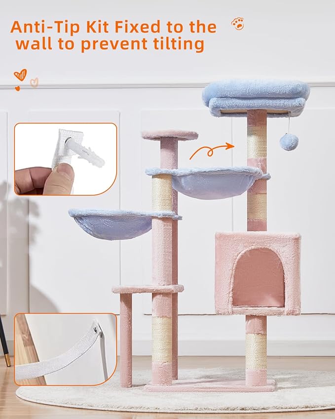 Taoqimiao Cat Tree, 39.4-Inch Cat Tower for Indoor Cats,Suitable for Kittens,Plush Cat Condo with 5 Scratching Posts, Plush Perch,2 Hammock,Pompoms, MS019PB Pink and Blue