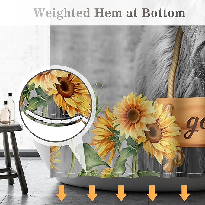 Aimego Highland Cow Shower Curtain - Farmhouse Sunflower Rustic Western Country Get Naked Funny Cute Fabric Cloth Bath Shower Curtain Set with 12 Hooks for Bathroom Decor Accessories, 72"x72"